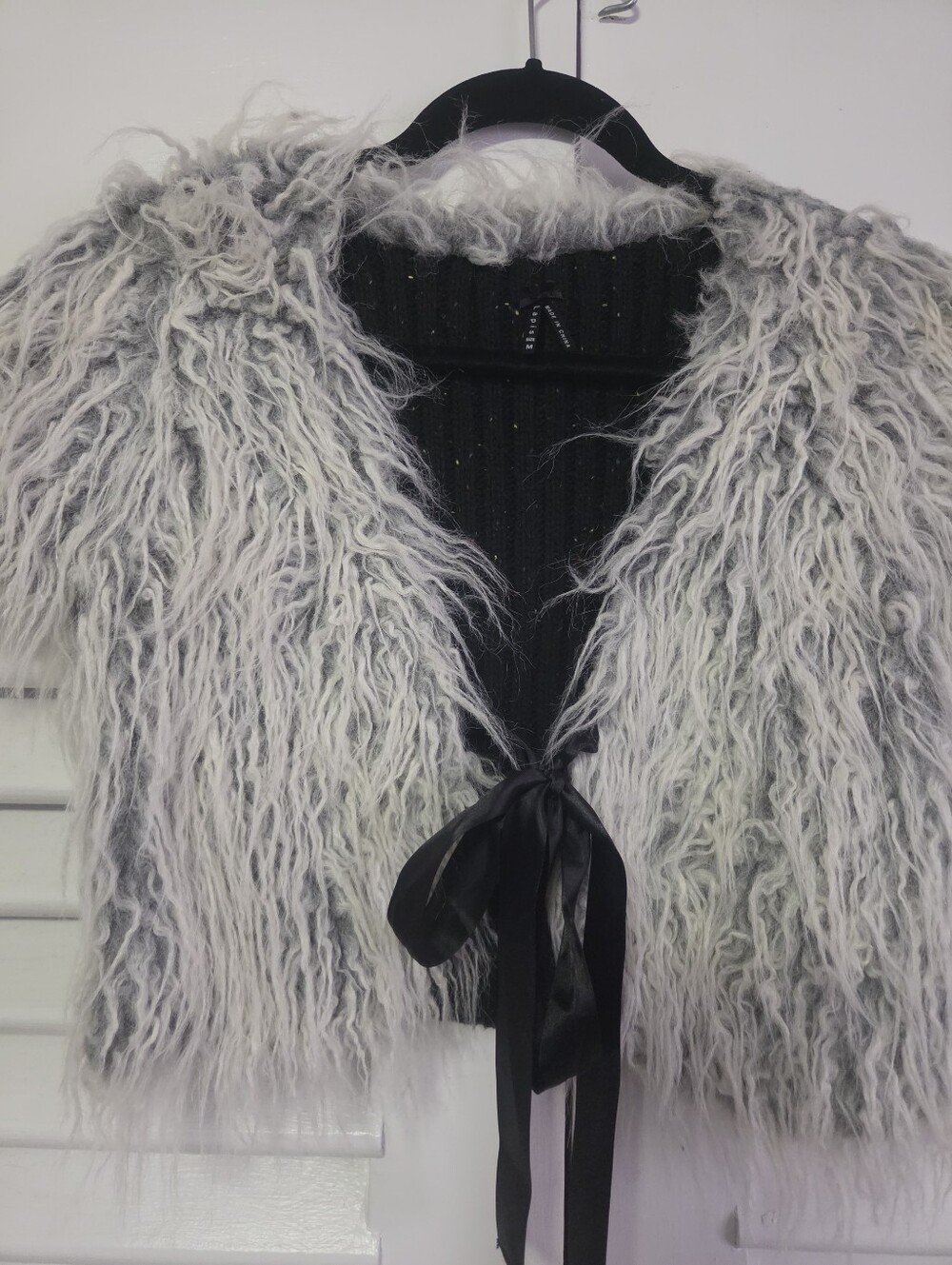 Lapis Gray Textured Faux Fur Cropped Jacket with Satin Ribbon